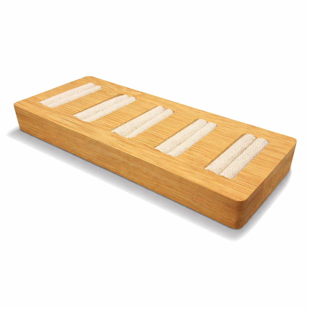 Pequeña bandeja para 5 anillos de madera y algodón beige