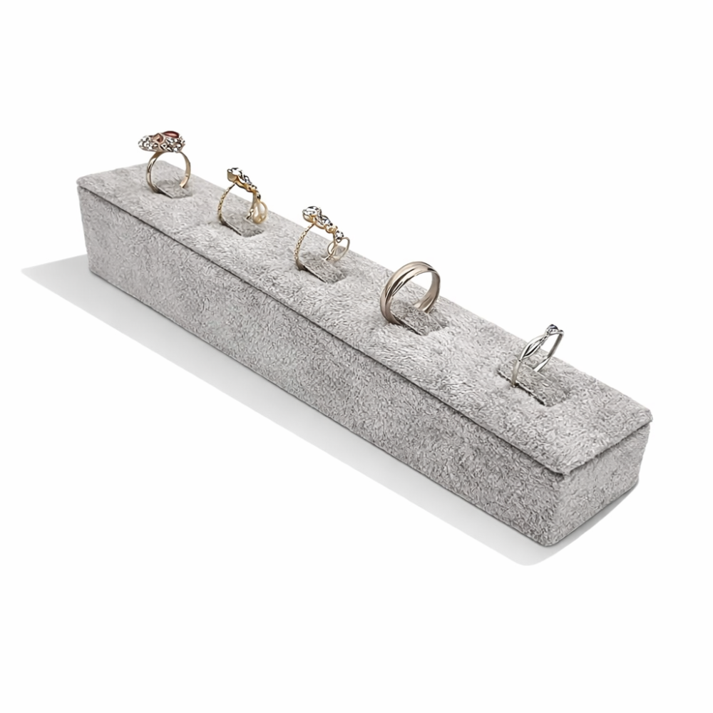 Expositor de anillos de terciopelo gris, soporte inclinado para anillos de terciopelo gris