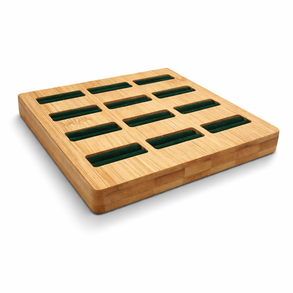 Expositor con bandeja de madera y ante verde esmeralda para 12 anillos
