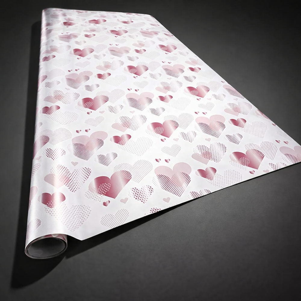 Lote de 2 rollos de papel de regalo blanco con motivo de corazones rosas, 70 x 100 cm