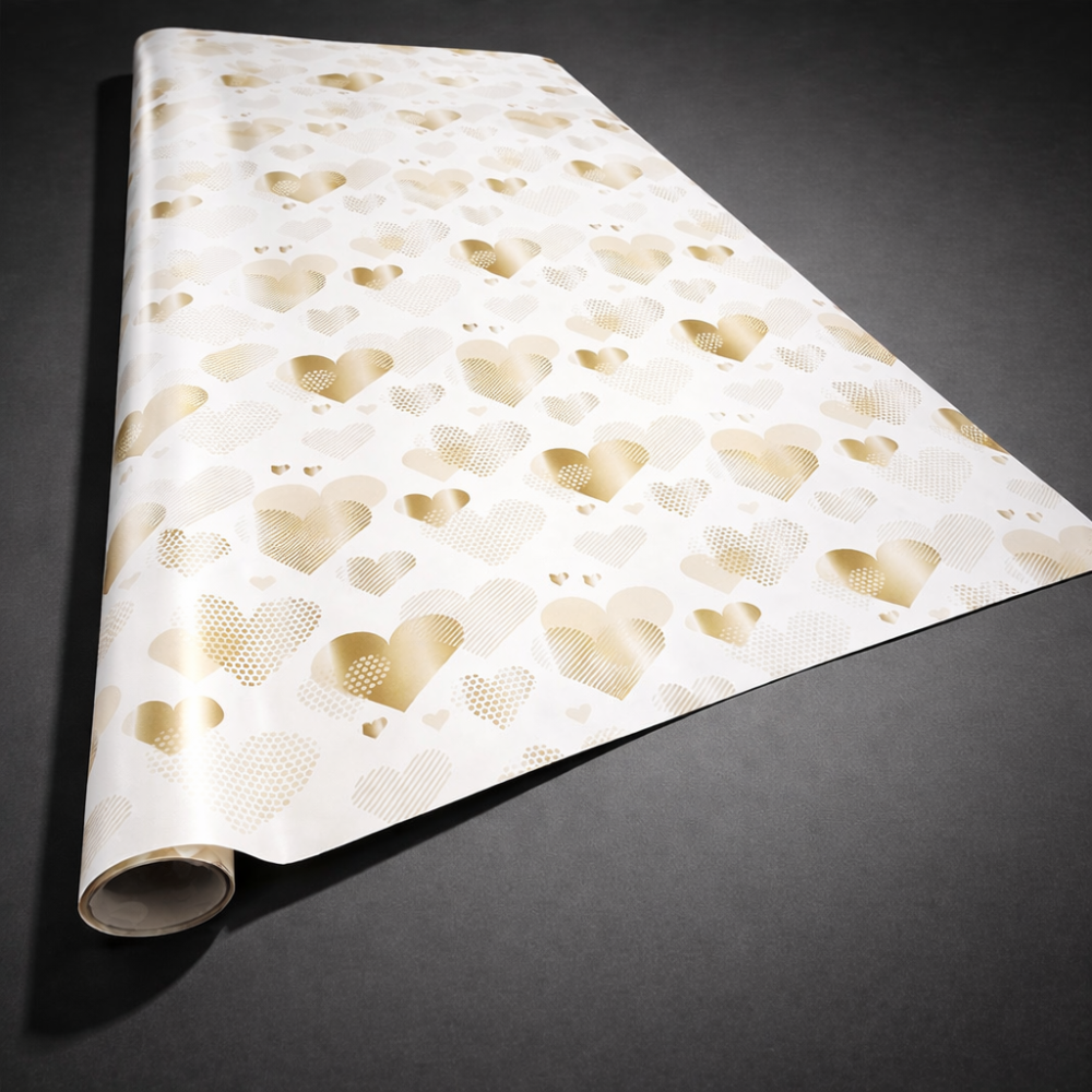 Lote de 2 rollos de papel de regalo blanco con motivo de corazones dorados, 70 x 100 cm