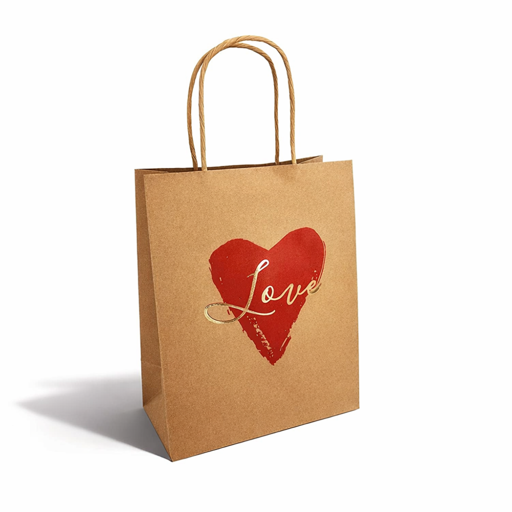 12 bolsas de papel kraft marrón con motivo de corazón rojo «Love» 18 x 10 x 23 cm
