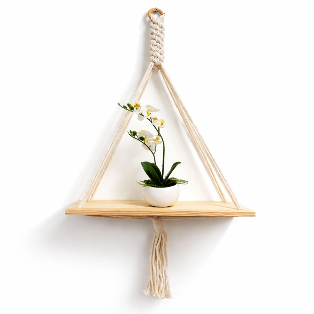 Estantería de pared de madera y macramé 40 x 14,5 x 1 cm