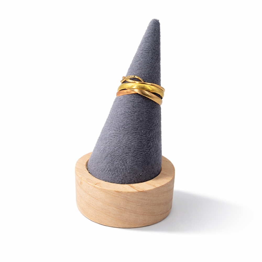 Cono para anillos de madera y terciopelo gris antracita de 8 cm