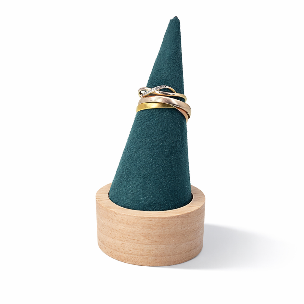 Porta anillos con forma de cono de madera y de ante verde esmeralda de 8 cm