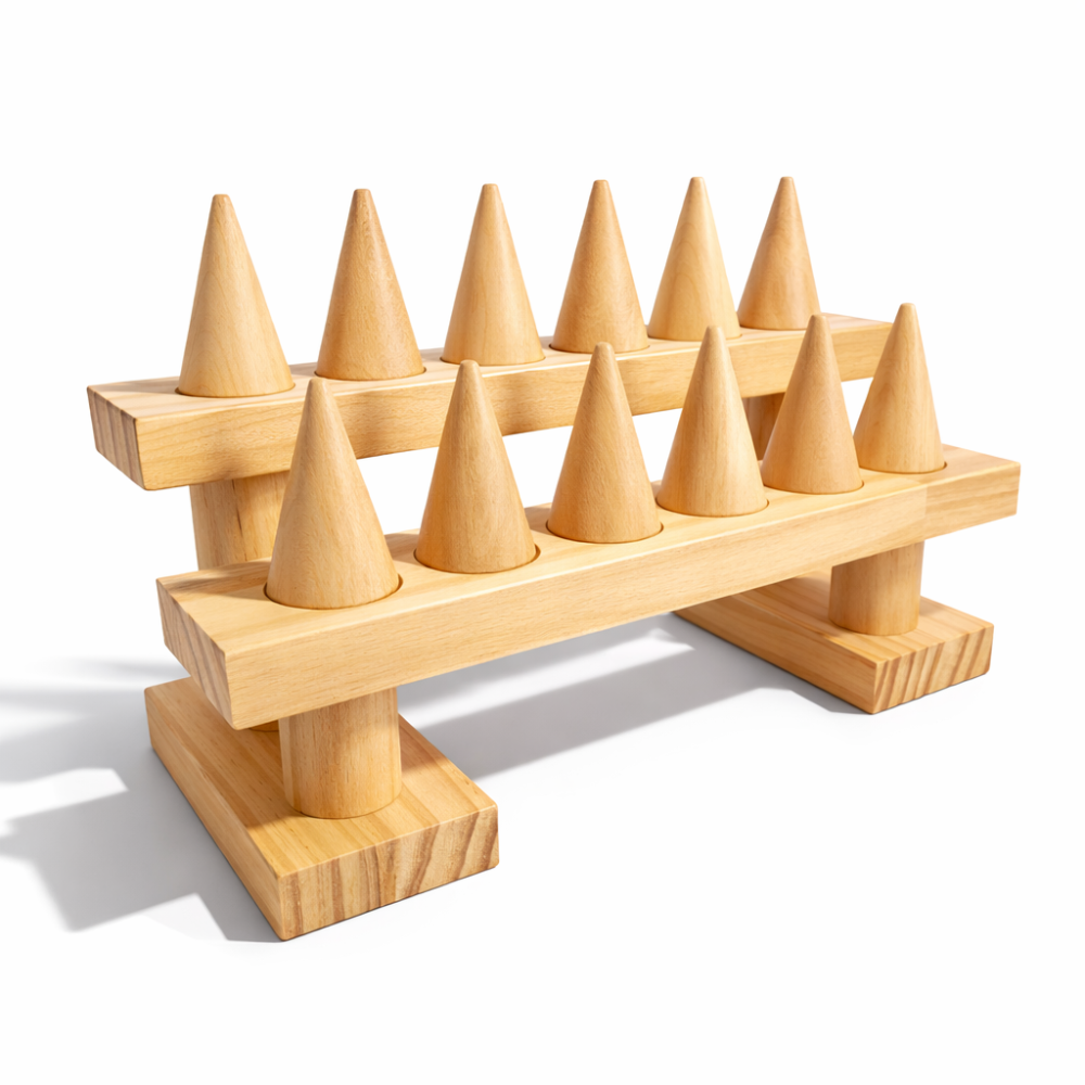 Expositor de anillos con 12 conos de madera natural de dos niveles