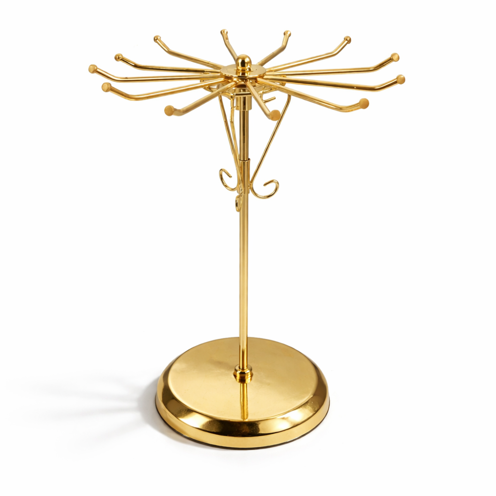 Expositor giratorio para joyas de metal dorado de 30 cm