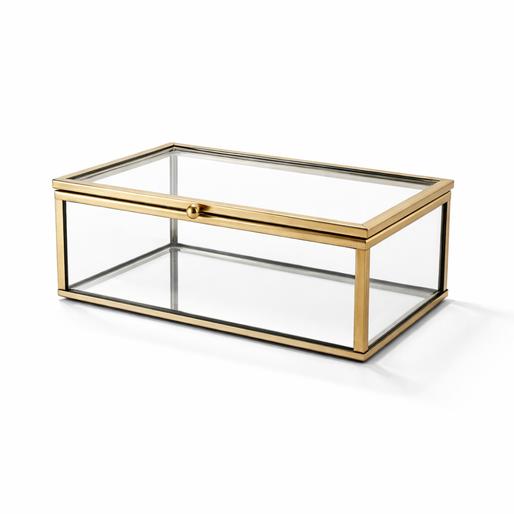 Pequeña caja para joyas de metal dorado y vidrio con fondo de espejo, pequeña caja