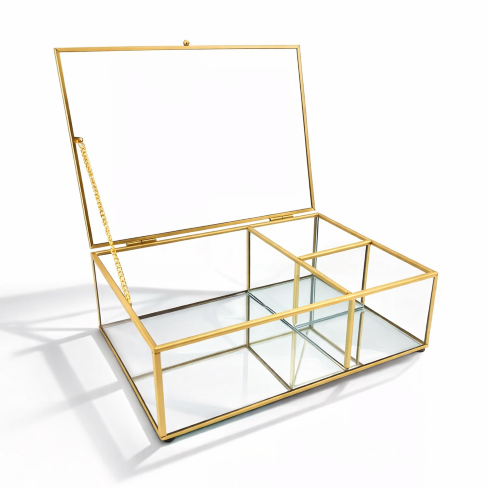 Caja para joyas de metal dorado y vidrio con compartimentos, 22 x 13,5 x 7,5 cm