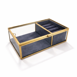 Caja para anillos de metal dorado y vidrio con fondo de ante gris antracita