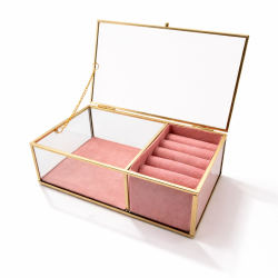 Caja para anillos de metal dorado y vidrio con fondo de ante rosa