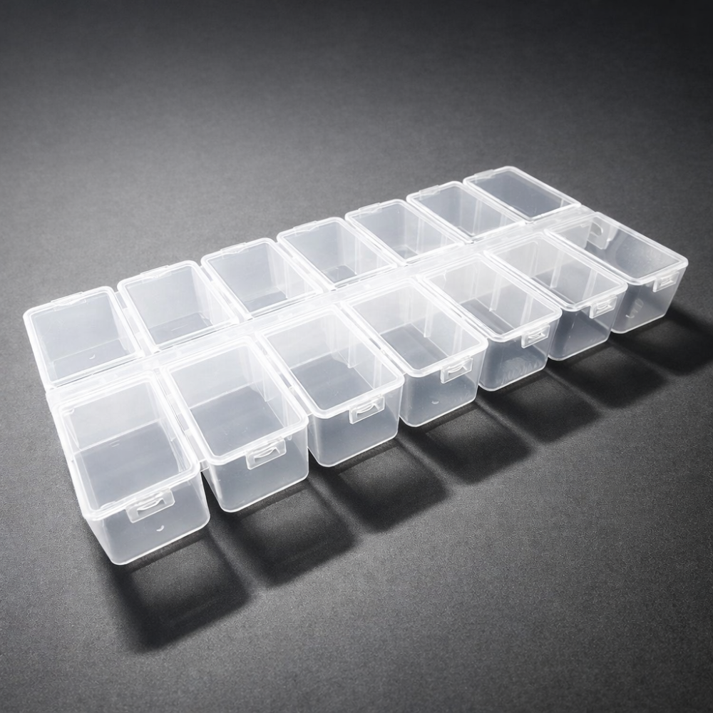 Caja de plástico con 14 compartimentos y tapas separadas, 28 x 12,5 x 3 cm