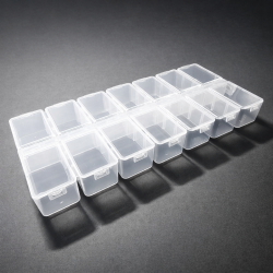 Caja de plástico con 14 compartimentos y tapas separadas, 28 x 12,5 x 3 cm