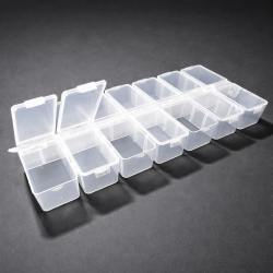 Caja de plástico con 14 compartimentos y tapas separadas, 28 x 12,5 x 3 cm