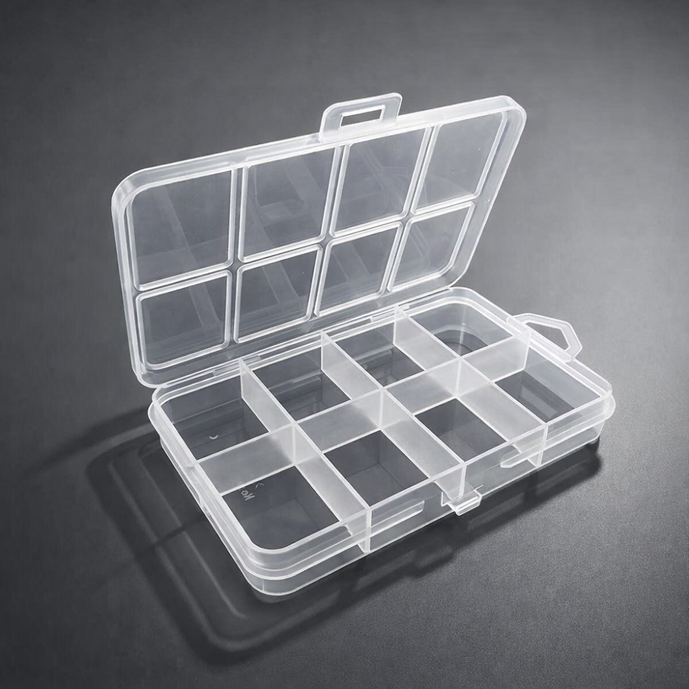 Caja pequeña de plástico para guardar abalorios, 8 compartimentos, 10 x 6,5 x 1,5 cm