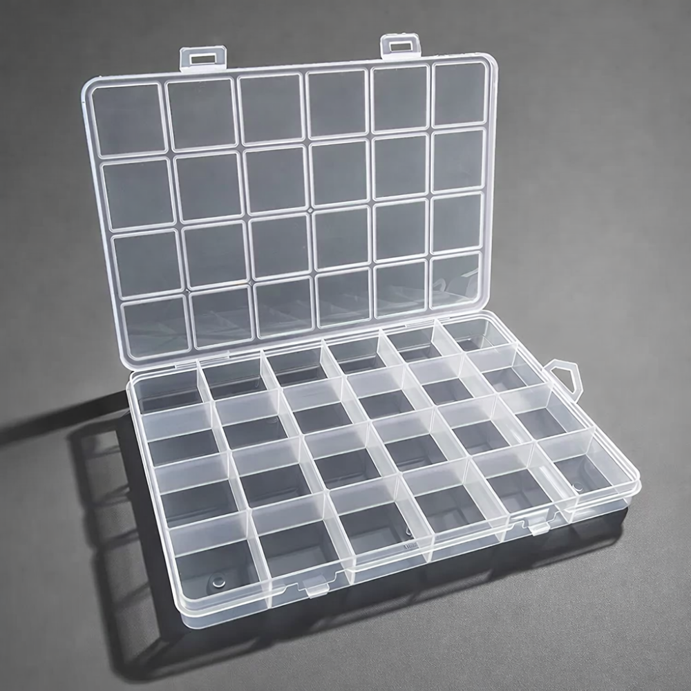 Caja de plástico para guardar abalorios o piercings, 24 compartimentos, 19 x 13 x 1,7 cm