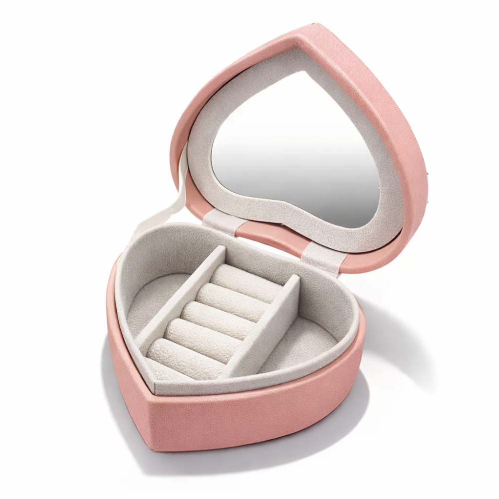 Caja para joyas en forma de corazón con espejo - Rosa