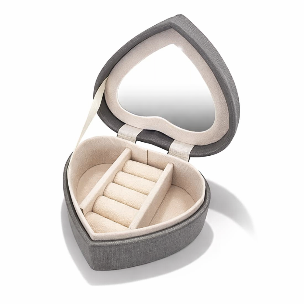 Caja para joyas en forma de corazón con espejo - Gris topo