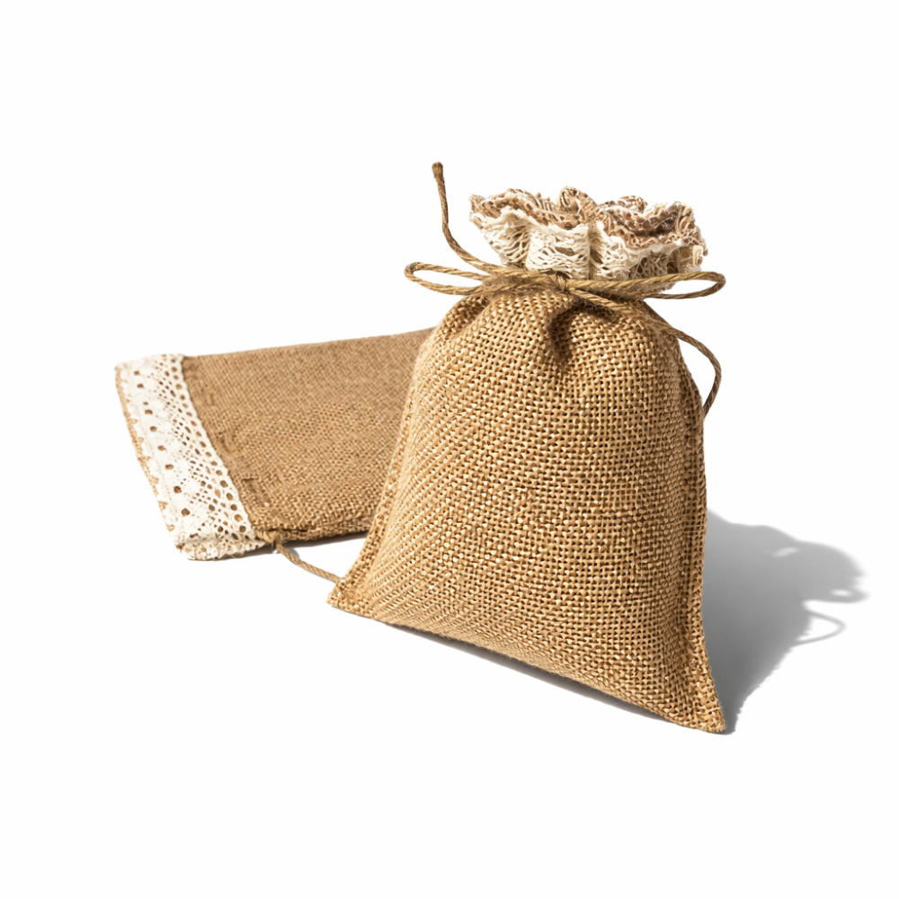 Lote de 10 bolsas de yute con acabado de ganchillo, 14,5 x 20 cm