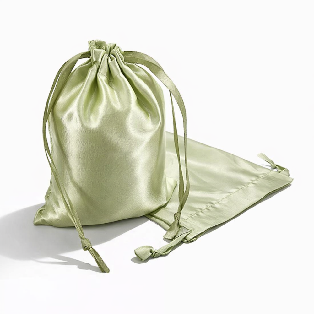 10 bolsas grandes de satén verde almendra con cordones deslizantes, 14 x 20 cm