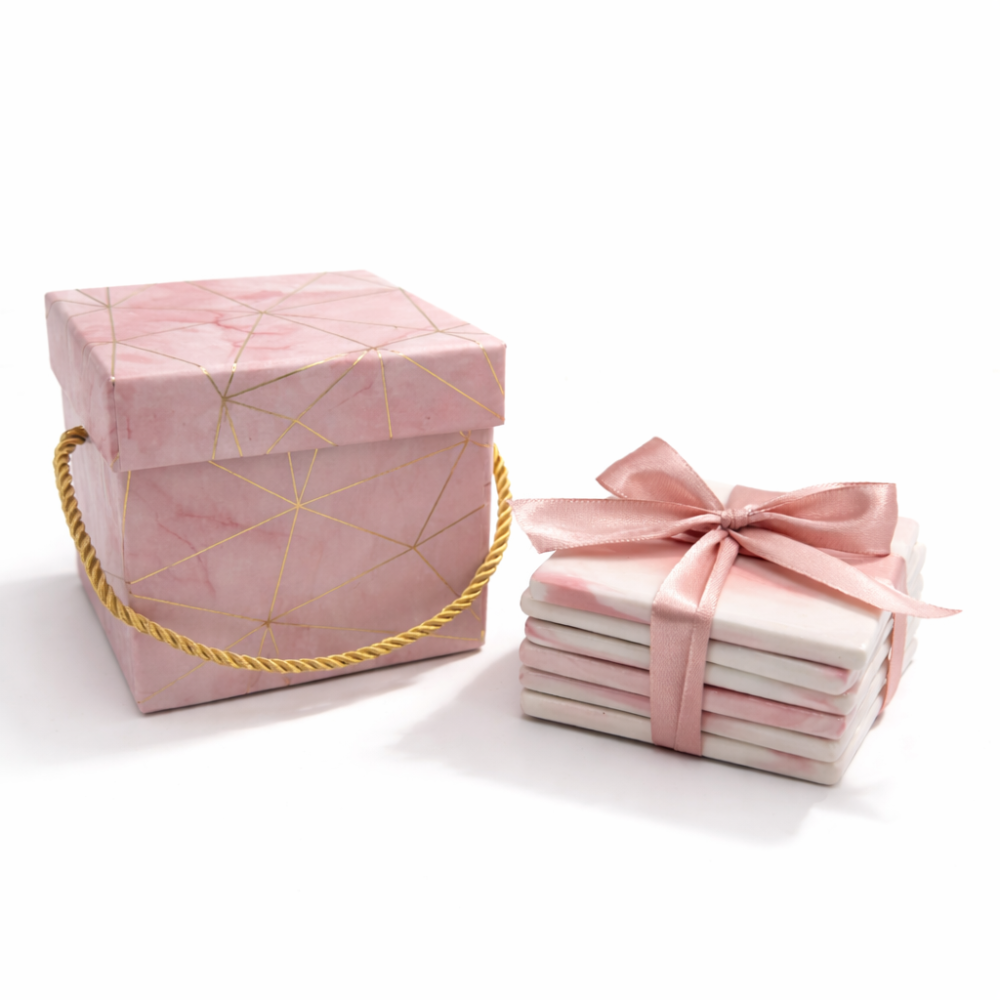 Pack para revendedores: 6 posavasos mini de cerámica de mármol rosa y caja de regalo