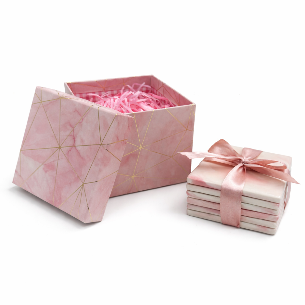 Pack para revendedores: 6 posavasos mini de cerámica de mármol rosa y caja de regalo