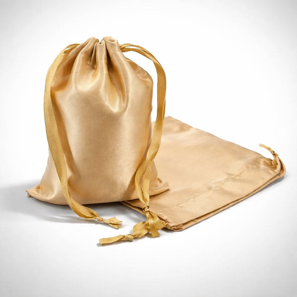 10 bolsas grandes de satén beige dorado con cordones deslizantes, 14 x 20 cm