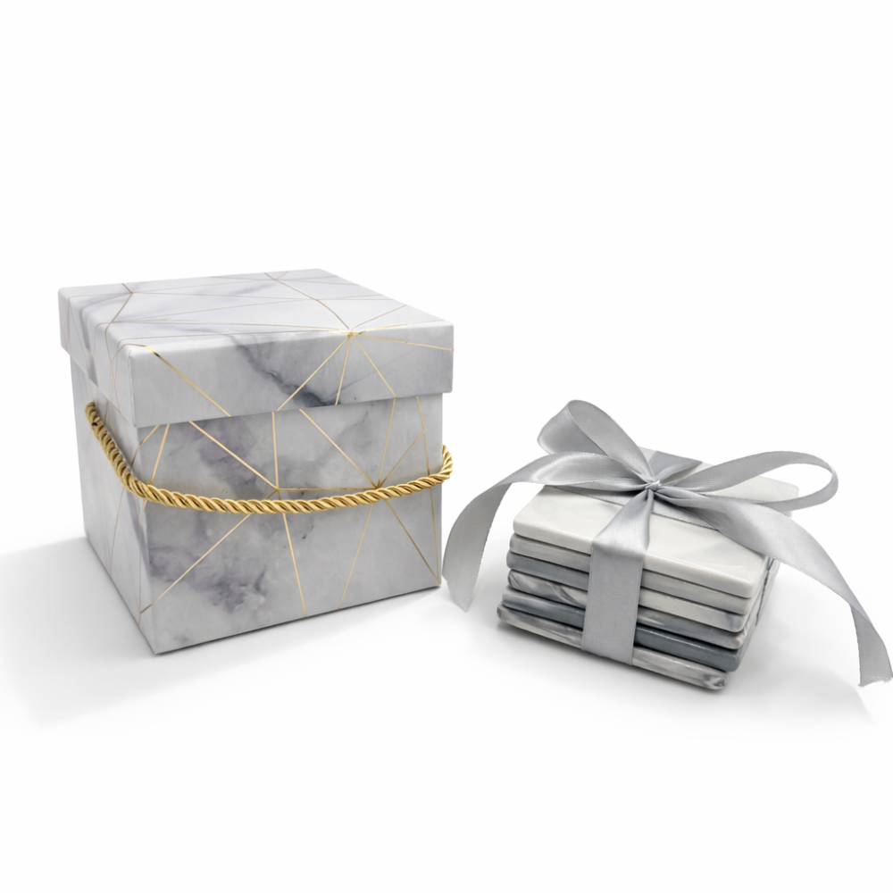 Pack para revendedores: 6 bandejas cuadradas de mármol gris, caja y cinta de raso