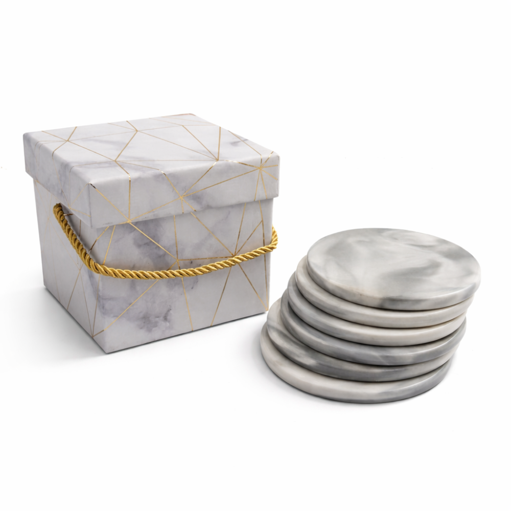 Pack para revendedores: 6 bandejas redondas de mármol gris, caja y cinta de raso