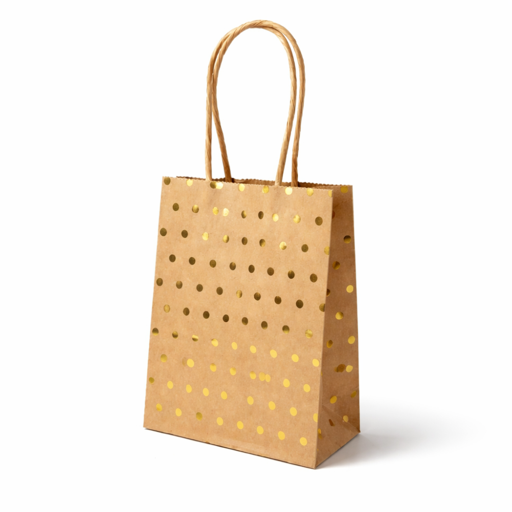 12 minibolsas de papel kraft con lunares dorados brillantes y fondo marrón, 11 x 6 x 15 cm