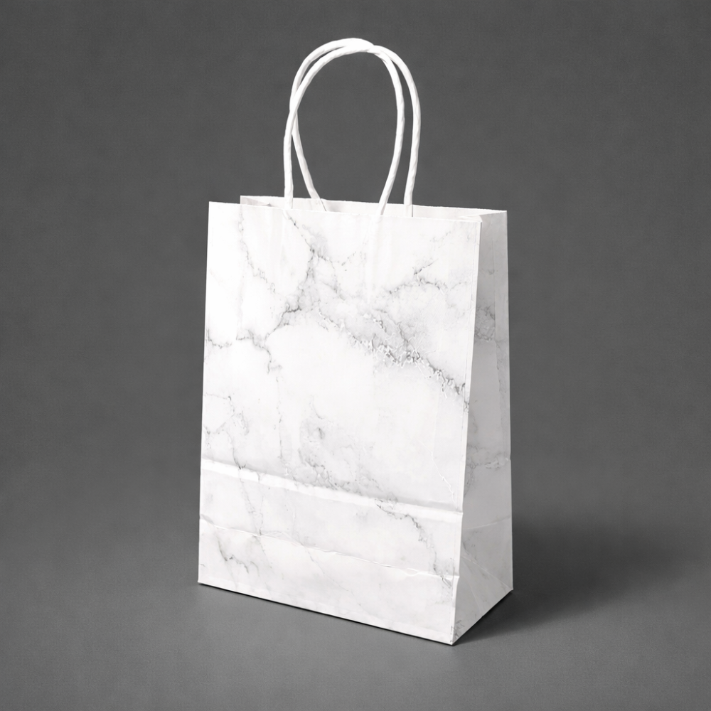 12 bolsas de papel kraft blanco con motivo marmolado gris, 15 x 8 x 21 cm