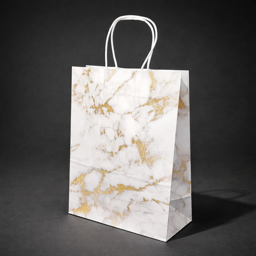 12 bolsas de papel kraft de color blanco con diseño marmolado dorado, 26 x 12 x 33 cm