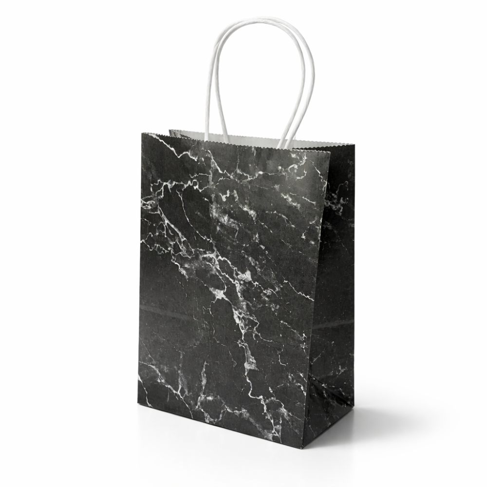 12 bolsas de papel kraft negras con motivo marmolado blanco 15 x 8 x 21 cm