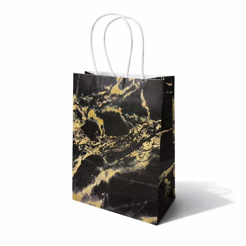 12 bolsas de regalo de papel kraft negro con motivo marmolado dorado 15 x 8 x 21 cm