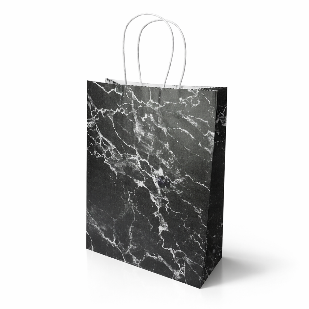 12 bolsas de papel kraft de color negro con diseño marmolado blanco, 26 x 12 x 33 cm