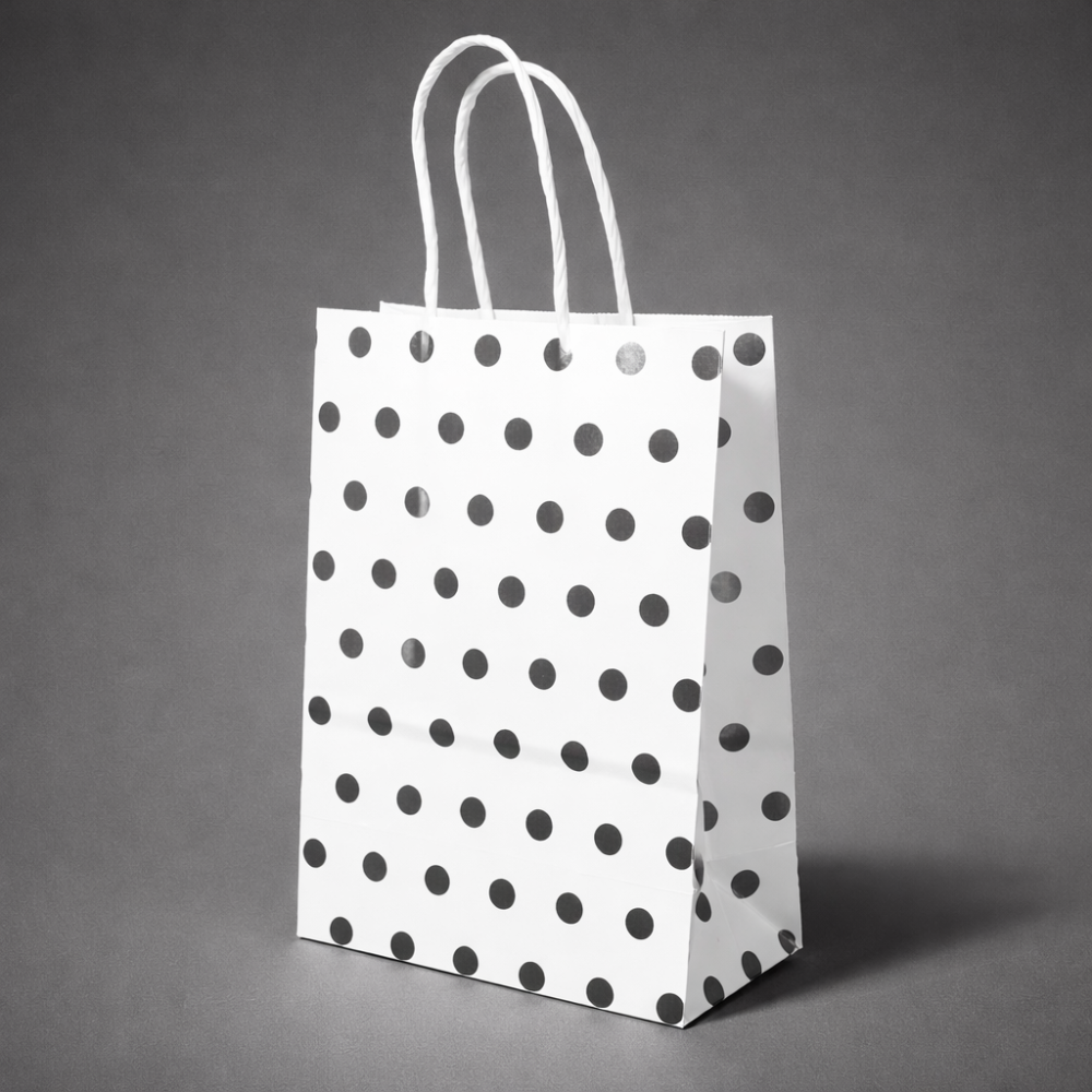 12 bolsas de regalo de papel kraft blanco con lunares plateados brillantes, 15 x 8 x 21 cm