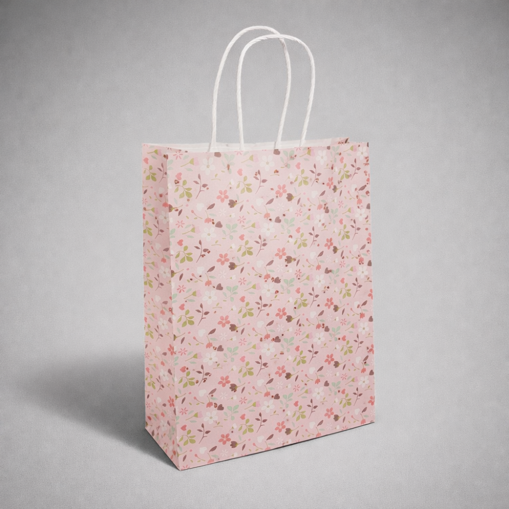 12 bolsas de papel kraft rosa pálido con flores 18,5 x 9,5 x 25,5 cm