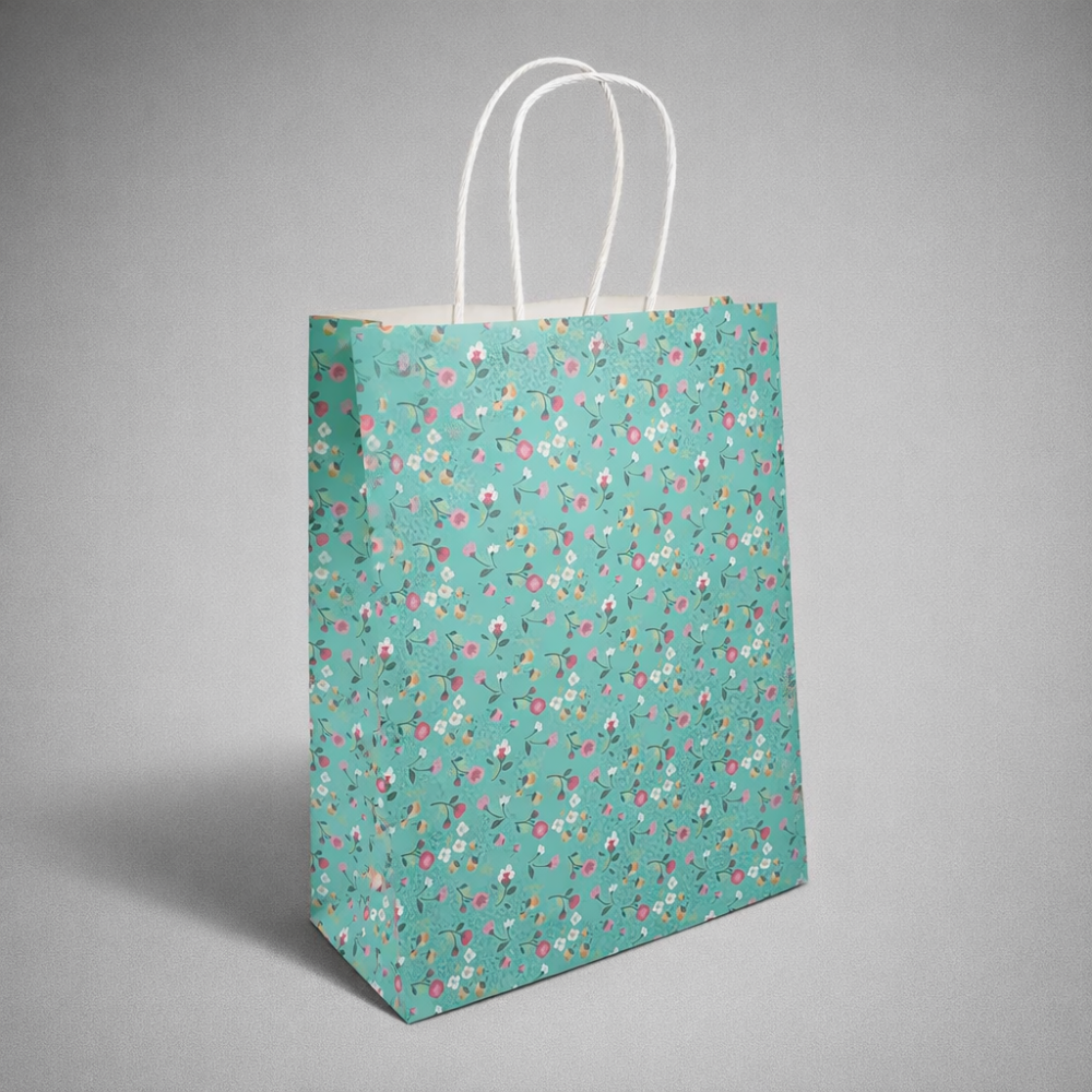 12 bolsas de papel kraft con motivos florales sobre fondo verde agua, 15 x 8 x 21 cm