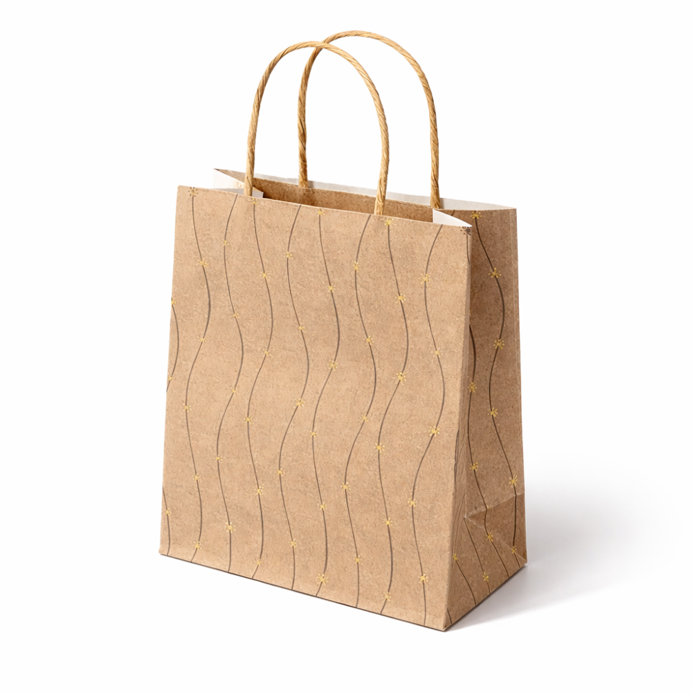 12 bolsas grandes de papel kraft beige natural con motivos de margaritas doradas 24,5 x 10,5 x 31 cm