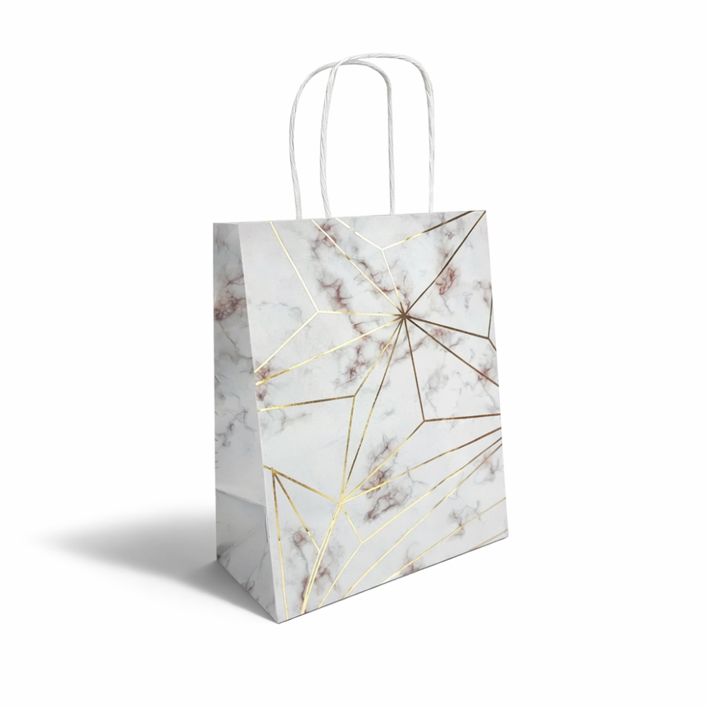 12 bolsas de papel kraft gris marmolado con motivos dorados, 18 x 10 x 23 cm