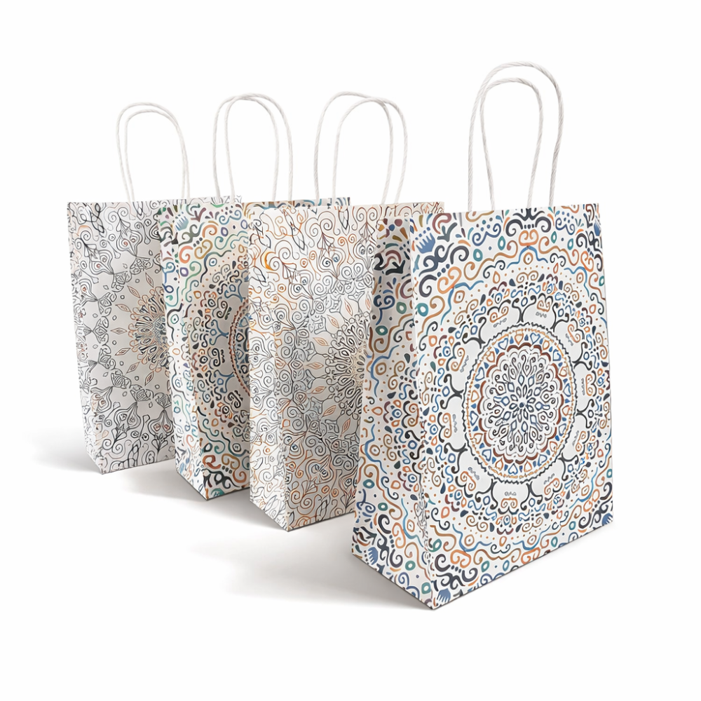 12 bolsas de papel kraft blanco con diseño de mandalas, 15 x 8 x 21 cm