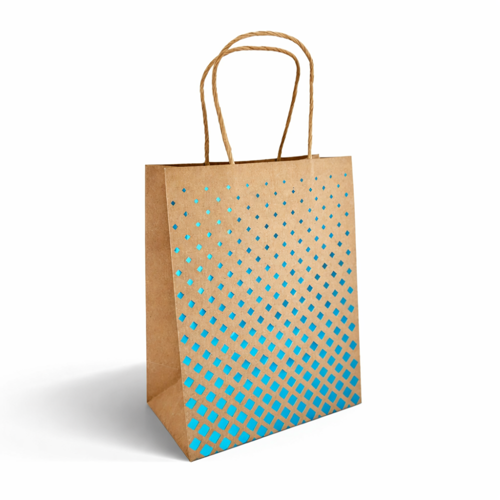 12 bolsas grandes de papel kraft natural con motivo de rombos azules, 24,5 x 10,5 x 31 cm