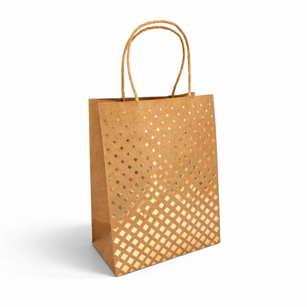 12 bolsas pequeñas de papel kraft marrón con motivo de rombos dorados, 12 x 7 x 17 cm