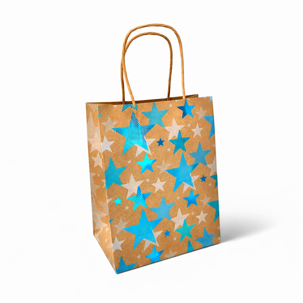 12 bolsas de papel kraft marrón con estampado de estrellas azules brillantes 18x10x23 cm