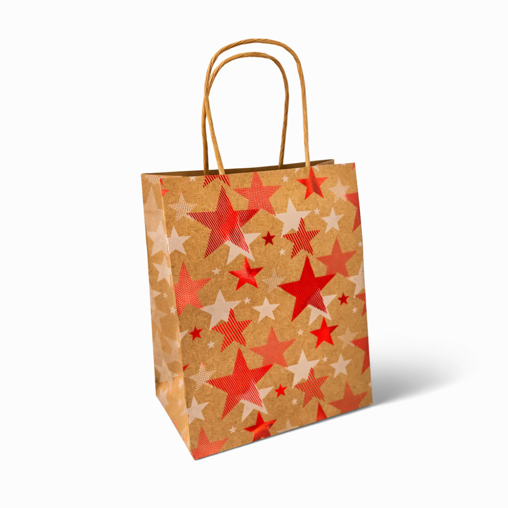 12 bolsas de papel kraft marrón con estampado de estrellas rojas, 12 x 7 x 17 cm