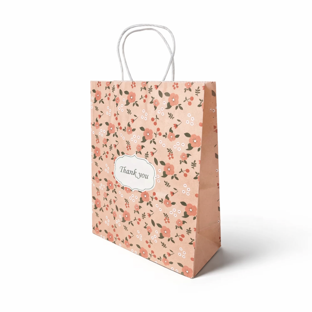 12 bolsas de papel kraft con flores rosas sobre fondo rosa claro, 21 x 11 x 27 cm
