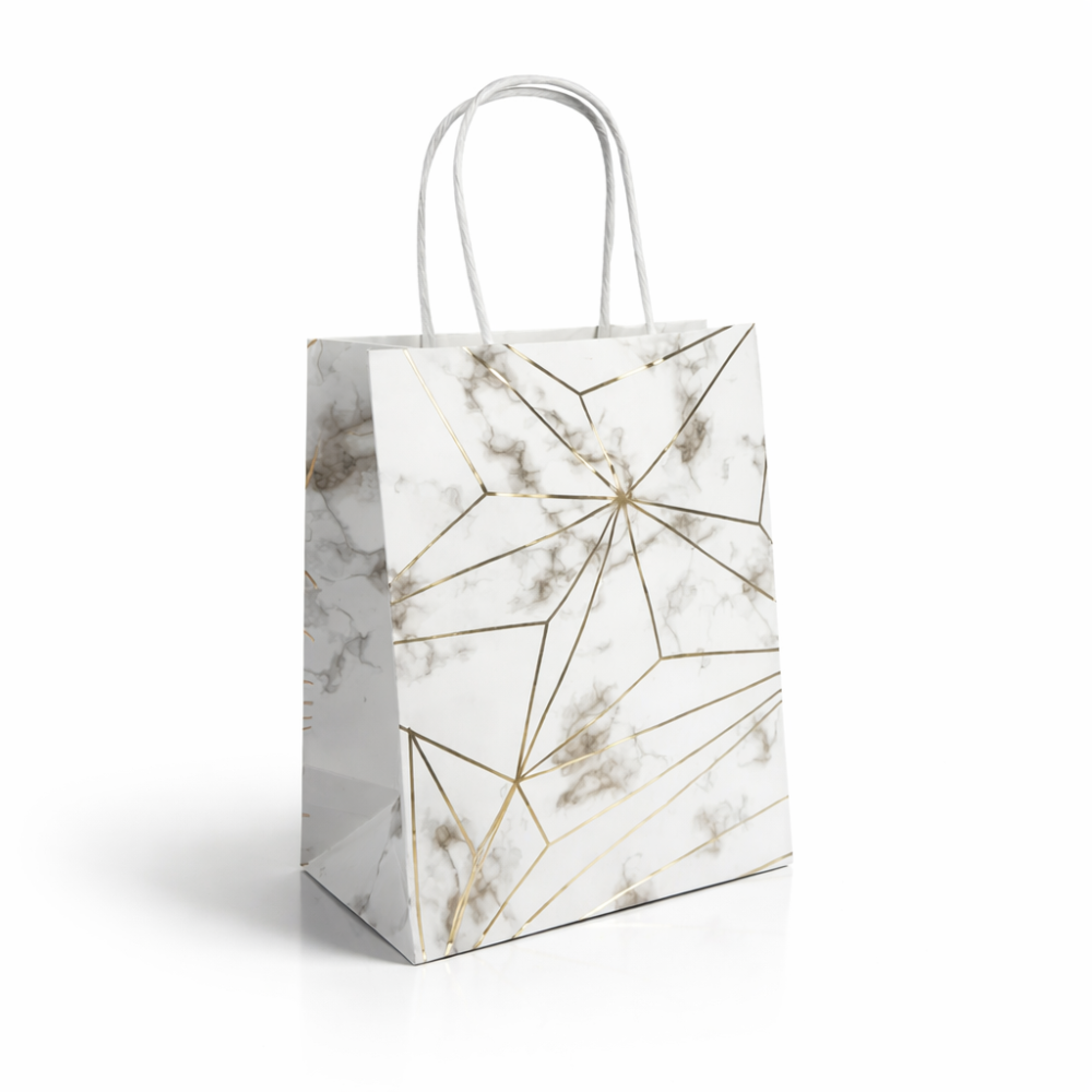 12 bolsas de papel kraft blanco marmolado con motivos dorados, 24,5 x 10,5 x 31 cm