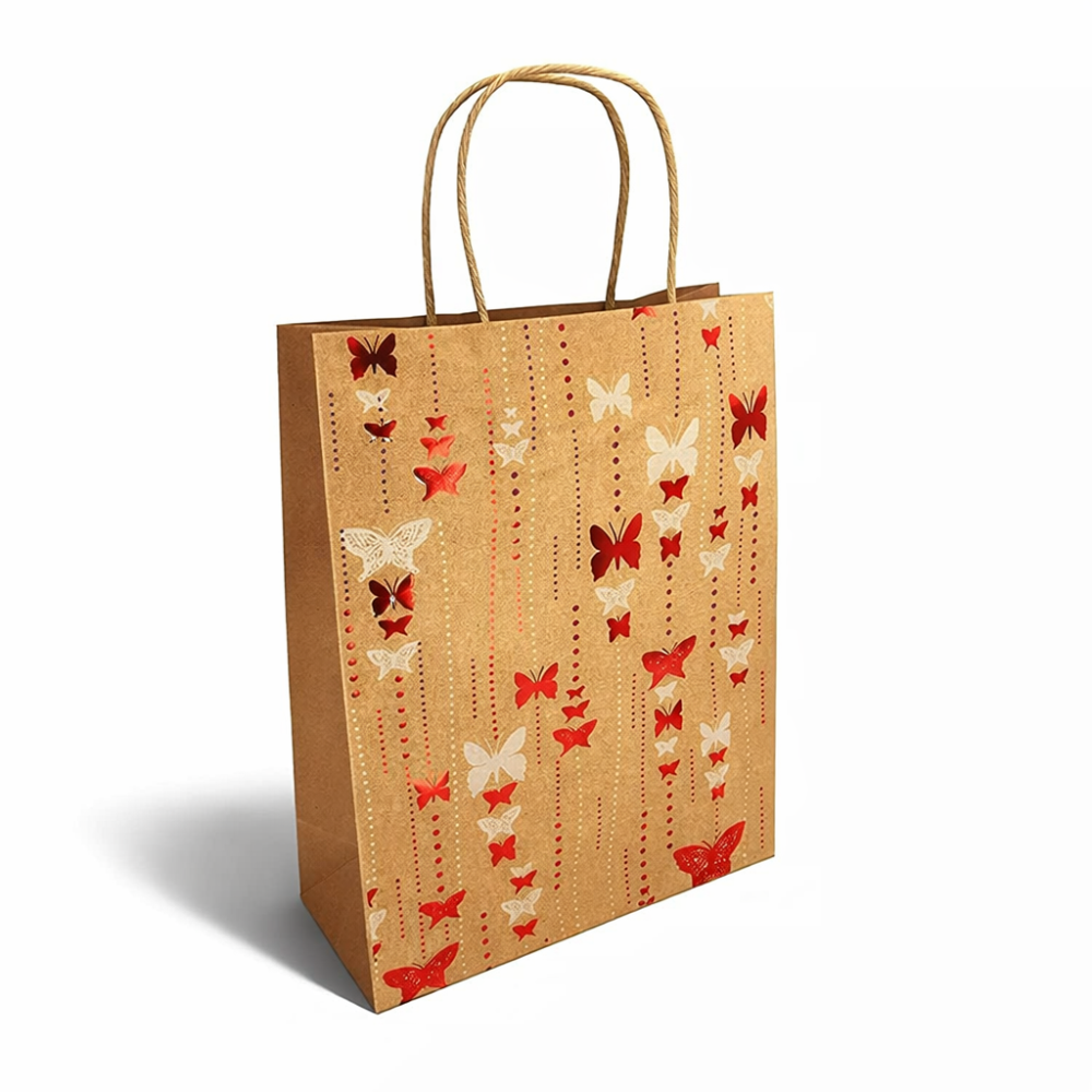 12 bolsas de papel kraft marrón con motivo de mariposas rojas brillantes, 18 x 10 x 23 cm