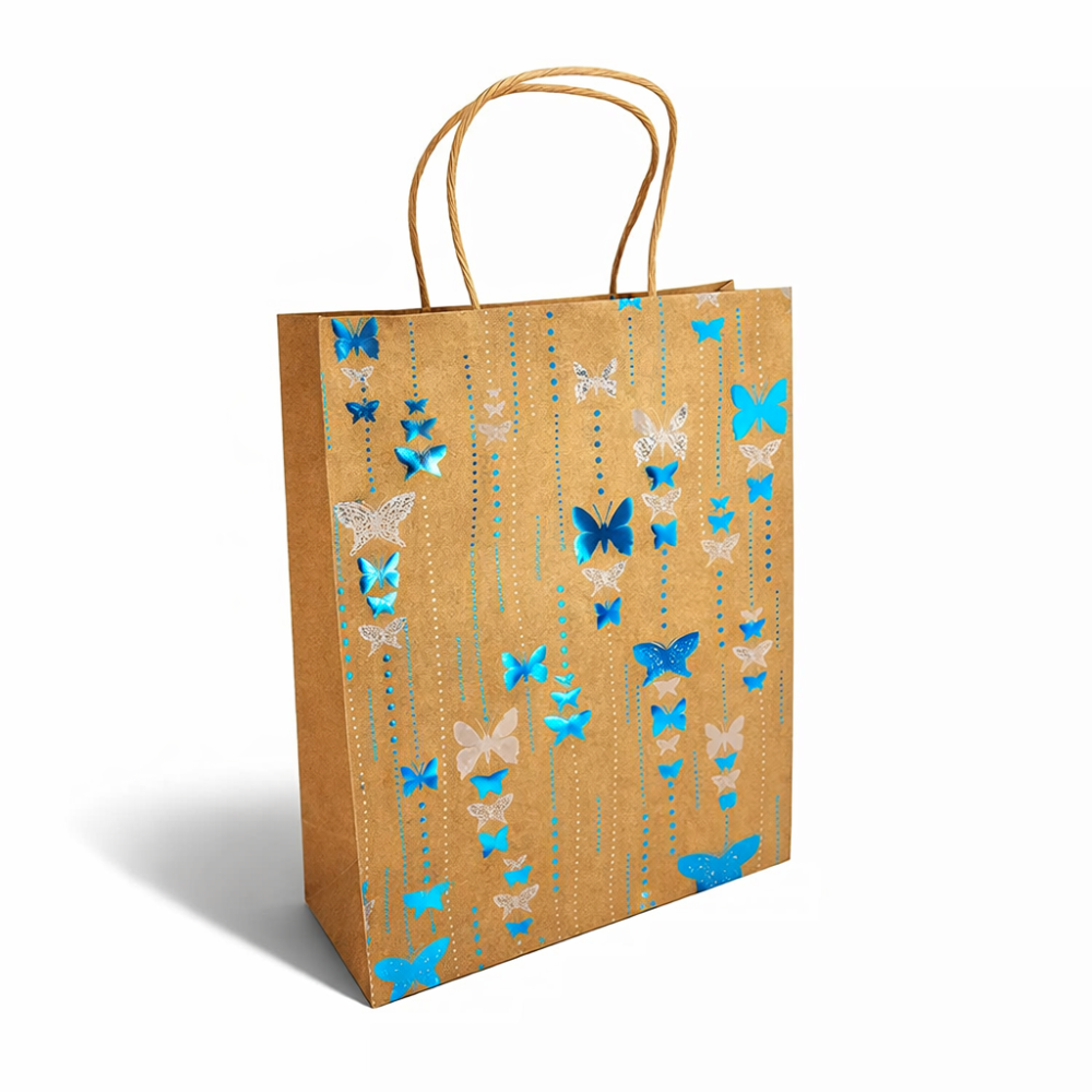 12 bolsas de papel kraft marrón con motivo de mariposas azules brillantes 18x10x23 cm