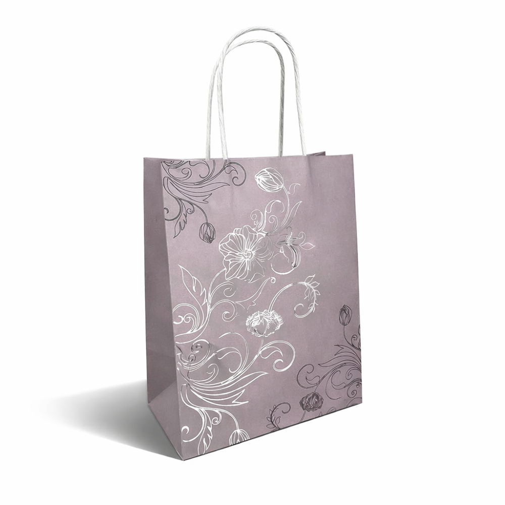 12 bolsas de papel kraft gris plateada con asas trenzadas y motivo floral - 18 x 10 x 23 cm